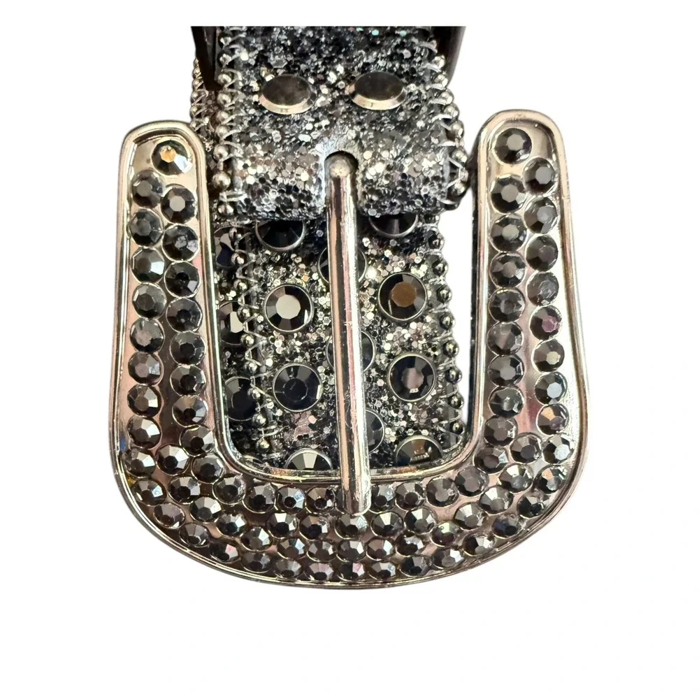 Western Rhinestone Glitter Belt Black Silver Studded Bling 48 Inch Large Buckle